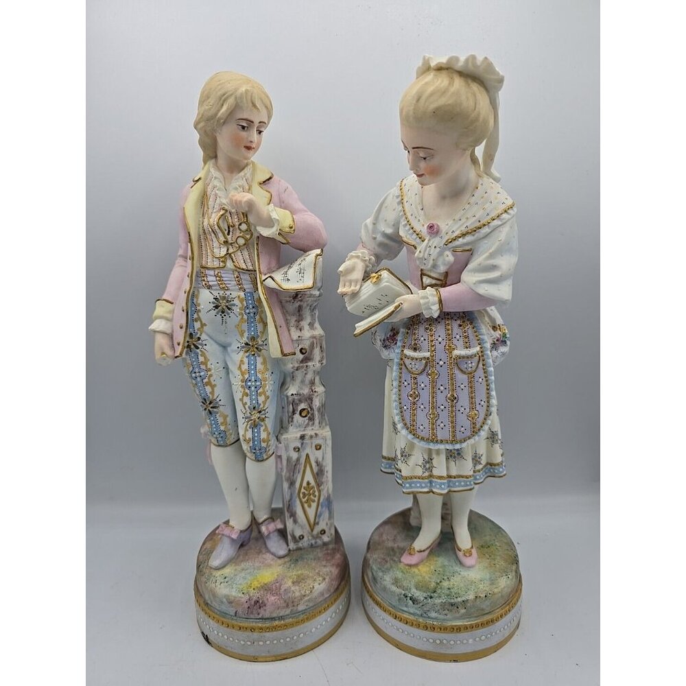 Bisque Porcelain European Colonial Hand Painted Couple Courtship Figurines 13"